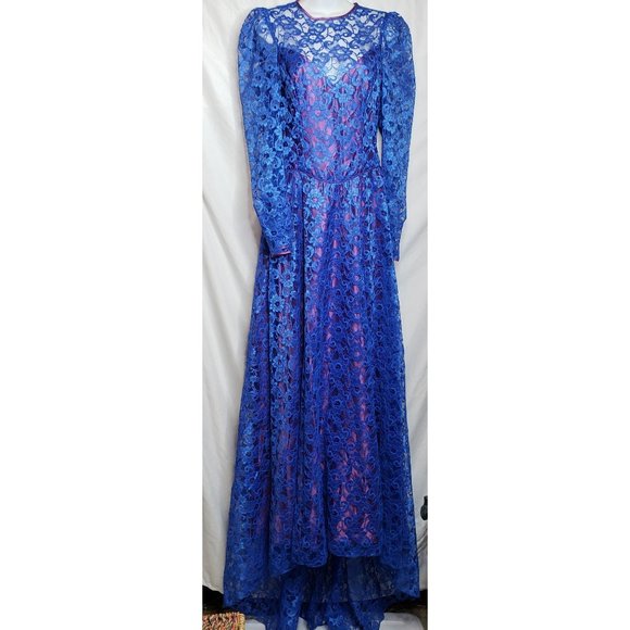 Vintage Formal Blue Lace Dress Purple Trim And Bows Union Made Prom 80s Retro - Picture 1 of 10